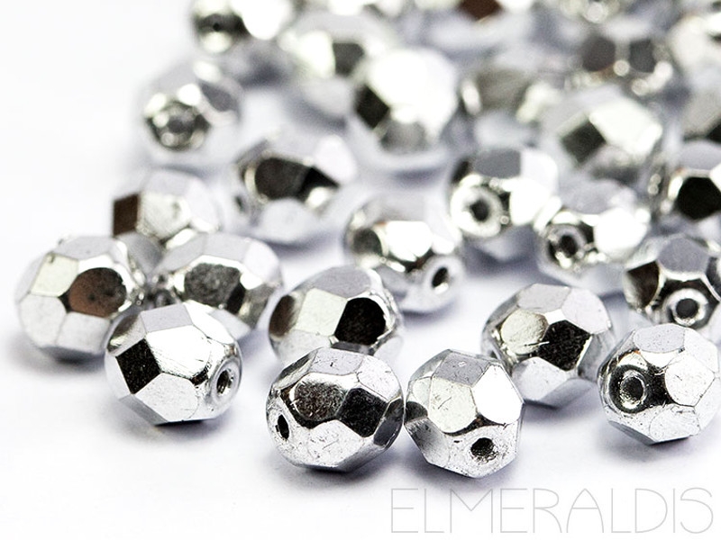 4mm 50 feuerpol Glasperlen Silver Silber