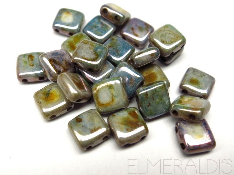 6mm CzechMates™ Tile Beads Luster Marbled Green 25x