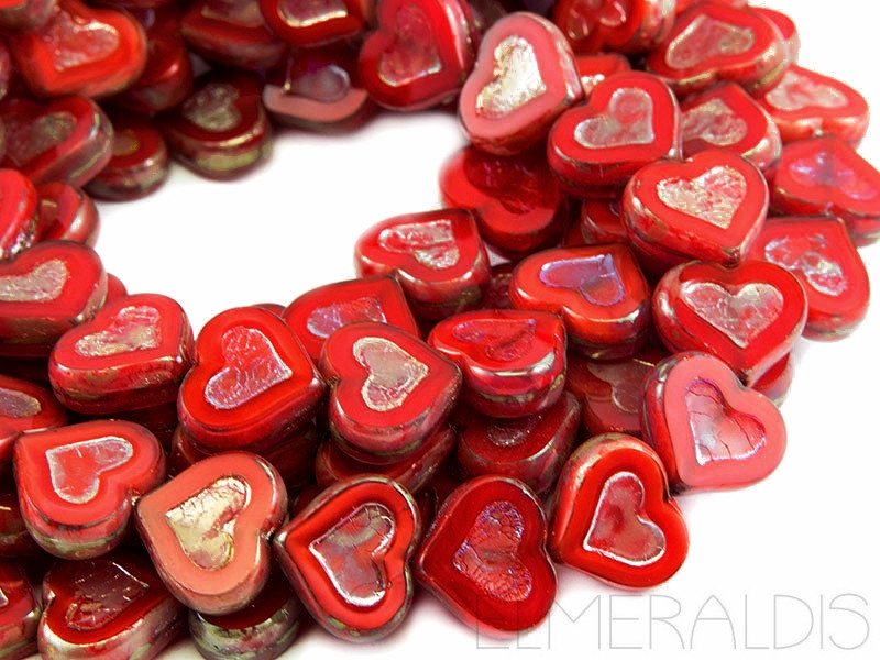 Hearts Herzen Red Silver Picasso rot Glasperlen 4x