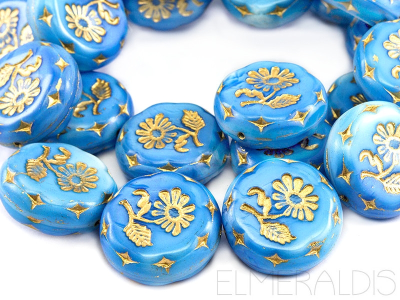 Blumen Flowers Coins Sky Blue Gold Picasso hellblau Glasperlen 1x