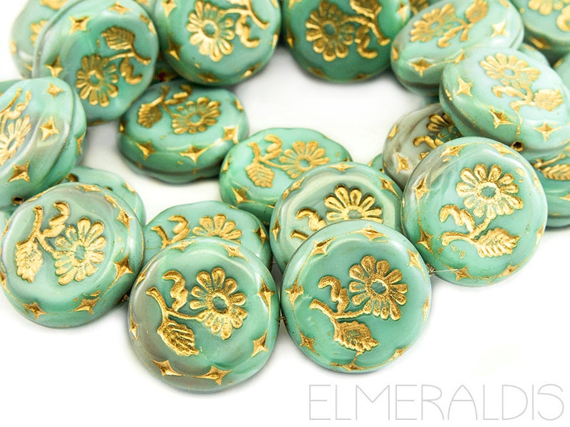 Blumen Flowers Coins Mint Green Gold Picasso mintgrün Glasperlen 1x