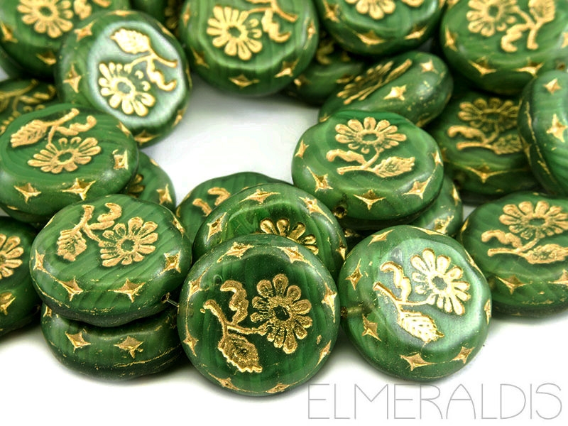 Blumen Flowers Coins Crystal Grass Green Opal Gold Picasso dunkelgrün Glasperlen 1x