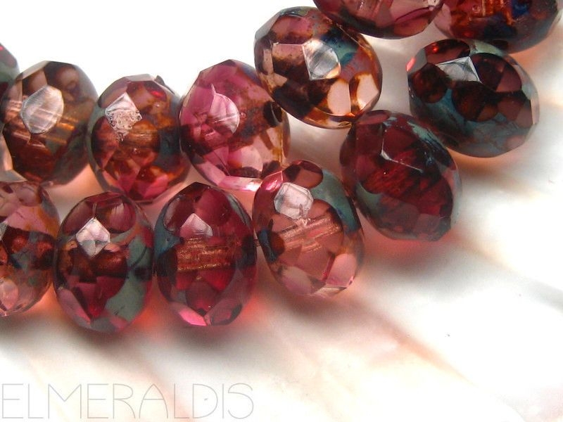 4x Rondelle Fuchsia Rose Picasso Glasperlen 6x8mm